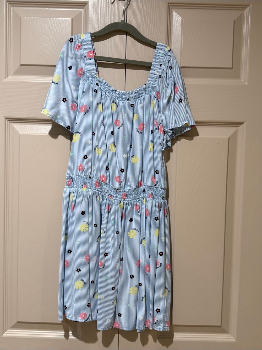 Tommy Hilfiger Light Blue Floral Stripe Smocked Waist Dress